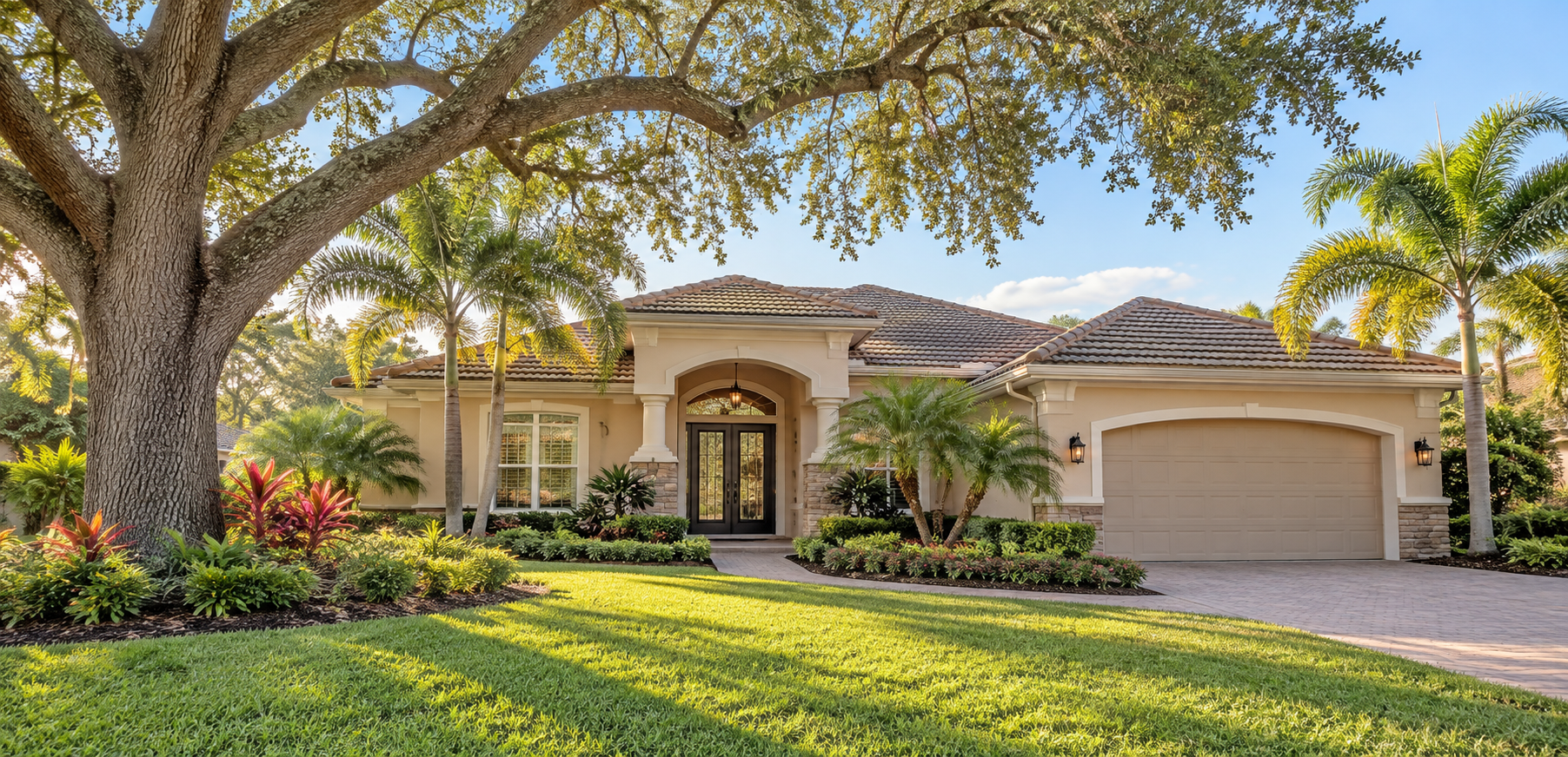 Illustrative Florida home among oak and palm trees